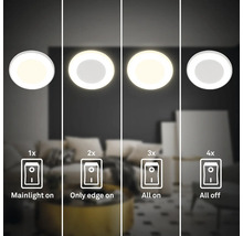 LED Deckenleuchte mit vier Schaltstufen durch Wandschalter gesteuert, zeigt Hauptlicht, Randbeleuchtung, beide Lichter und Ausschaltfunktion.