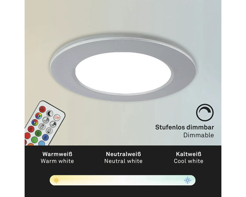 LED Einbauleuchte rund mit Fernbedienung, stufenlos dimmbar und einstellbarer Farbtemperatur von warmweiß bis kaltweiß.