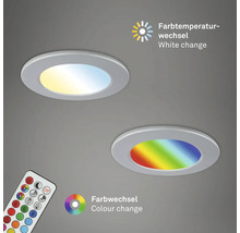 Zwei runde LED Einbauleuchten mit Fernbedienung, Farbwechsel und Farbtemperaturwechsel zur Einstellung verschiedener Lichtfarben.