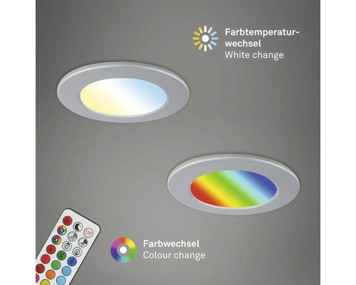 Zwei runde LED Einbauleuchten mit Fernbedienung, Farbwechsel und Farbtemperaturwechsel zur Einstellung verschiedener Lichtfarben.