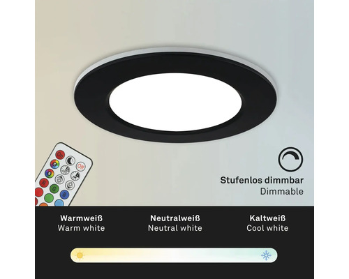 Runde LED Deckenleuchte mit Fernbedienung, stufenlos dimmbar und verstellbarer Lichtfarbe von warmweiß bis kaltweiß.