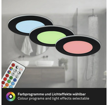 Drei runde LED Einbauleuchten mit Fernbedienung vor verschwommenem Badezimmerhintergrund, einstellbare Lichtfarben und Lichteffekte.
