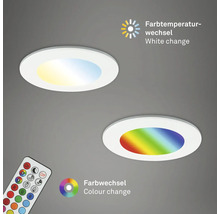 Zwei runde LED Einbauleuchten mit Farbtemperaturwechsel und Farbwechsel Funktion inklusive Fernbedienung.