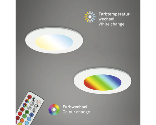 Zwei runde LED Einbauleuchten mit Farbtemperaturwechsel und Farbwechsel Funktion inklusive Fernbedienung.