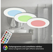 Drei runde LED Deckenleuchten mit Fernbedienung vor einem Badezimmerhintergrund mit einstellbaren Farbprogrammen und Lichteffekten.