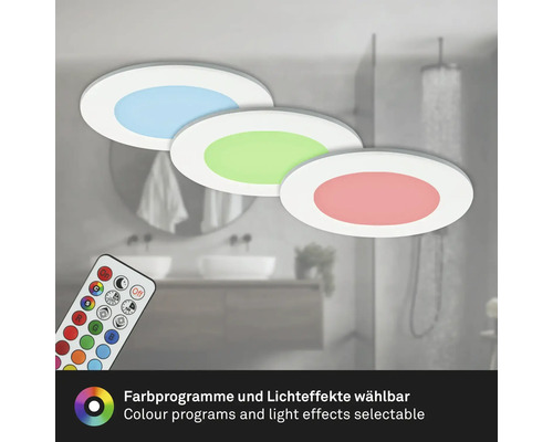 Drei runde LED Deckenleuchten mit Fernbedienung vor einem Badezimmerhintergrund mit einstellbaren Farbprogrammen und Lichteffekten.