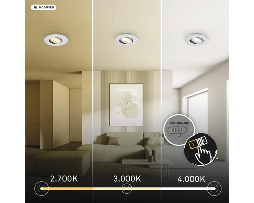 LED Einbaustrahler mit einstellbarer Farbtemperatur von 2700 Kelvin bis 4000 Kelvin im modernen Wohnzimmer.