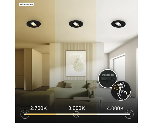 LED Einbauleuchte mit einstellbarer Lichtfarbe von 2700 Kelvin bis 4000 Kelvin für verschiedene Wohnbereiche.