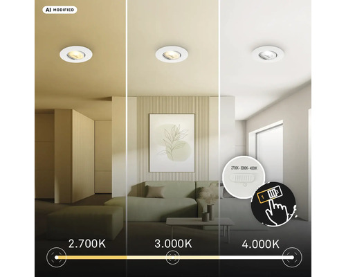 Einbauleuchte mit einstellbarer Farbtemperatur von 2700 Kelvin bis 4000 Kelvin dargestellt in einem modernen Wohnraum.