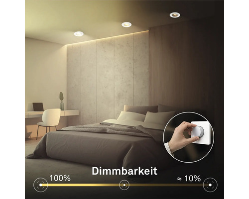 Schlafzimmer mit dimmbaren Einbaustrahlern an der Decke und einer Hand, die einen Lichtschalter mit Drehdimmer bedient.