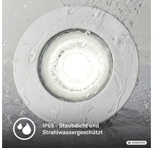 Runder LED Einbaustrahler mit Schutzart IP65, staubdicht und strahlwassergeschützt unter fließendem Wasser.