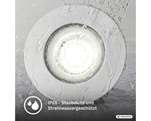 Runder LED Einbaustrahler mit Schutzart IP65, staubdicht und strahlwassergeschützt unter fließendem Wasser.