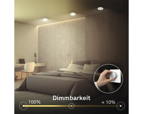 Dimmbare Deckeneinbauleuchten in einem Schlafzimmer mit einer Hand, die einen Wanddimmer für verschiedene Helligkeitsstufen bedient.