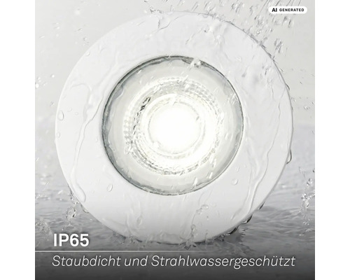Runder LED Einbaustrahler mit Schutzart IP65, staubdicht und strahlwassergeschützt unter Wasserbesprühung.