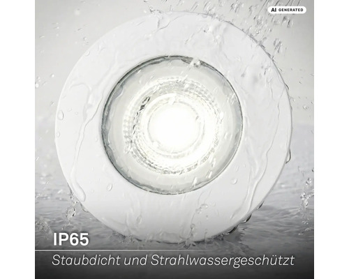 Runder LED Einbaustrahler mit Schutzart IP65, staubdicht und strahlwassergeschützt unter fließendem Wasser dargestellt.
