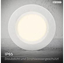Runder LED Einbaustrahler mit Schutzart IP65, staubdicht und strahlwassergeschützt, geeignet für Feuchträume.