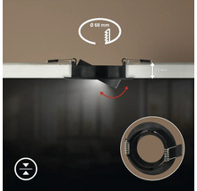 Schwenkbarer Einbaustrahler mit 68 Millimeter Lochdurchmesser und 23 Millimeter Einbautiefe in Deckenmontage.
