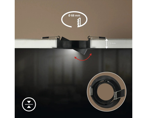 Schwenkbarer Einbaustrahler mit 68 Millimeter Lochdurchmesser und 23 Millimeter Einbautiefe in Deckenmontage.