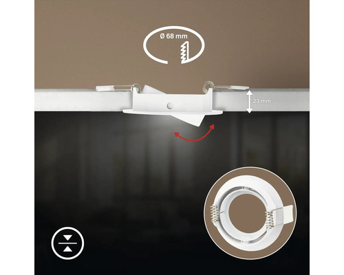 Einbaustrahler mit 68 Millimeter Durchmesser und 23 Millimeter Einbautiefe, schwenkbar, zur Deckenmontage geeignet.
