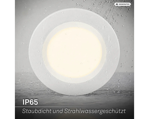 Runder LED Einbaustrahler mit Schutzart IP65, staubdicht und strahlwassergeschützt, geeignet für Feuchträume.