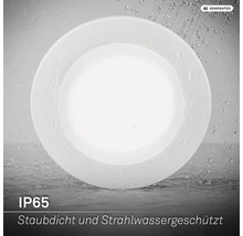 Runde LED Einbauleuchte mit Schutzart IP65, staubdicht und strahlwassergeschützt, geeignet für Feuchträume.