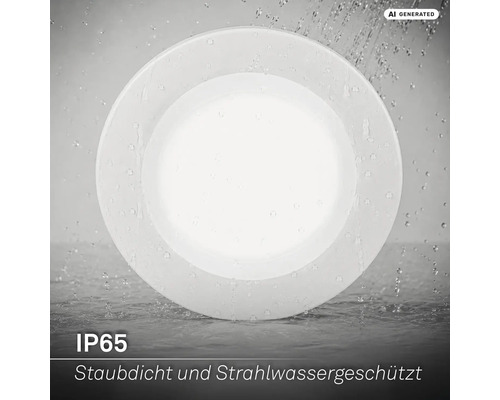 Runde LED Einbauleuchte mit Schutzart IP65, staubdicht und strahlwassergeschützt, geeignet für Feuchträume.