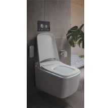 Wandhängendes Dusch-WC mit offenem Deckel, beleuchtetem Rand, Fernbedienung und Betätigungsplatte in einem modernen Badezimmer.