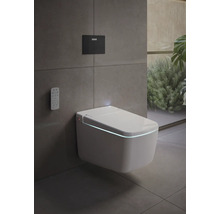 Modernes Badezimmer mit weißem Dusch-WC, Betätigungsplatte mit VitrA Logo und Fernbedienung. Minimalistisches Design mit Fliesen in Steinoptik.