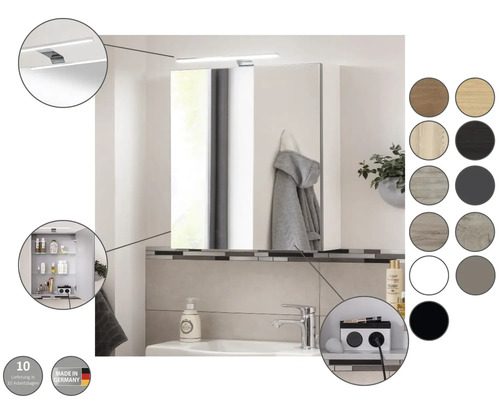 Badezimmer-Spiegelschrank mit LED-Leuchte, Glasböden, Steckdose und verschiedenen Dekorauswahlmöglichkeiten. Hergestellt in Deutschland.