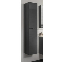 Wandhängender Badezimmer-Hochschrank mit zwei Türen in Anthrazit mit Holzstruktur.