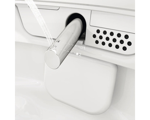 Detailansicht eines Dusch-Toiletten-Sprüharms aus Metall mit aktivem Wasserstrahl und markierten Einstellpositionen.
