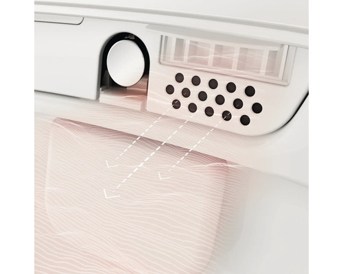 Detailansicht eines Dusch-WCs mit Warmluftföhn und Pfeilen zur Darstellung des Luftstroms.