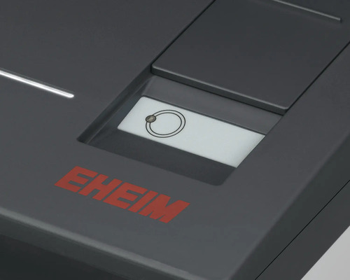 EHEIM Logo und Bedienfeld eines Aquariengeräts mit einer Taste für die Steuerung.