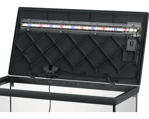 Innenseite einer Aquarienabdeckung mit integrierter LED-Beleuchtung in Weiß, Blau und Rot.