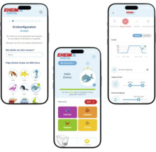 Drei Smartphones zeigen die Eheim Digital App zur Aquariensteuerung inklusive Eheim Logo, Avatar-Auswahl und Einstellungen für den Tagesverlauf.