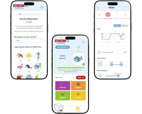 Drei Smartphones zeigen die Eheim Digital App zur Aquariensteuerung inklusive Eheim Logo, Avatar-Auswahl und Einstellungen für den Tagesverlauf.