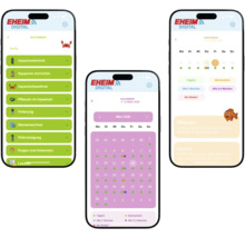 EHEIM DIGITAL App auf drei Smartphones mit Funktionen für Ratgeber, Kalender und Aufgaben zur Aquarienpflege.