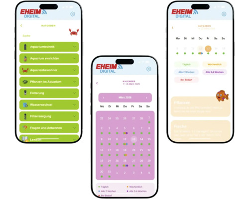 EHEIM DIGITAL App auf drei Smartphones mit Funktionen für Ratgeber, Kalender und Aufgaben zur Aquarienpflege.