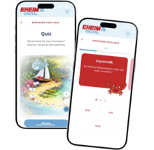 Zwei Smartphones zeigen die Eheim Digital App mit einem interaktiven Fisch-Quiz zur Aquaristik.