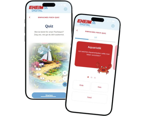 Zwei Smartphones zeigen die Eheim Digital App mit einem interaktiven Fisch-Quiz zur Aquaristik.