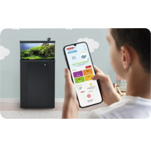 Eine Person steuert eine Eheim Aquarienkombination mit der Eheim Digital App auf einem Smartphone in einem hellen Raum.