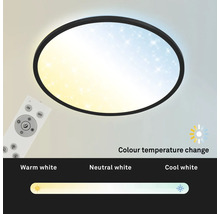 Runde Deckenleuchte mit schwarzem Rahmen, Sternenhimmel-Effekt und Fernbedienung. Farbtemperatur einstellbar von Warmweiß bis Kaltweiß.