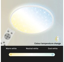 LED-Deckenleuchte mit Fernbedienung, Sternenhimmel-Effekt und Farbtemperaturwechsel von Warmweiß zu Kaltweiß.