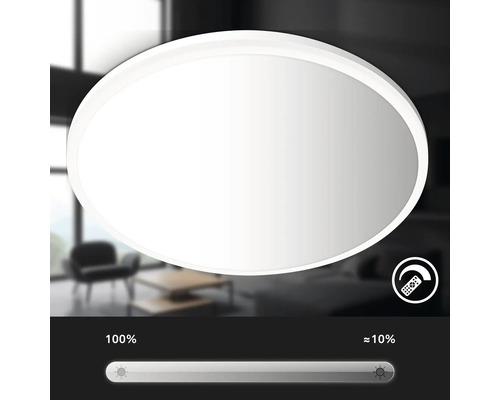 Dimmbare LED-Deckenleuchte, rund, mit Fernbedienung, Helligkeit stufenweise von 100 Prozent bis circa 10 Prozent einstellbar.