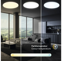 Runde LED-Deckenleuchte in einem modernen Wohnraum mit Küche, zeigt einstellbare Farbtemperaturen von warmem bis kaltem Licht.