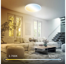 Runde LED-Deckenleuchte in einem hellen Wohnzimmer mit einstellbarer Farbtemperatur von 2700 Kelvin bis 6500 Kelvin.