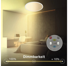 Dimmbare runde LED-Deckenleuchte in einem modernen Schlafzimmer. Darstellung der Helligkeitseinstellung von 100 Prozent bis circa 10 Prozent.