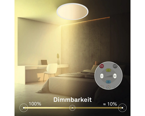 Dimmbare runde LED-Deckenleuchte in einem modernen Schlafzimmer. Darstellung der Helligkeitseinstellung von 100 Prozent bis circa 10 Prozent.