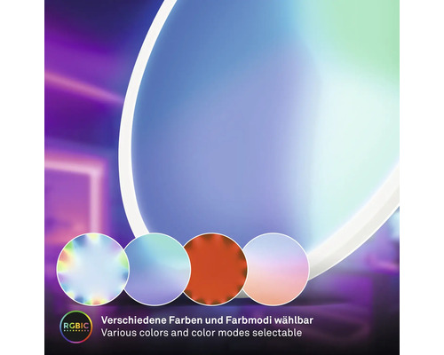 Kreisförmige Leuchte mit verschiedenen wählbaren Farben und Lichtmodi. RGBIC Logo.