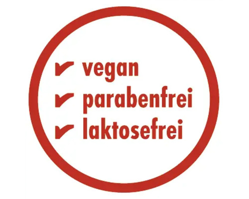 Siegel für vegane, parabenfreie und laktosefreie Produkte
